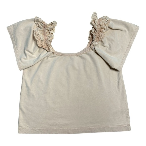 Pilcro Anthropologie Tan Eyelet Ruffle Blouse Womens L - Picture 2 of 10